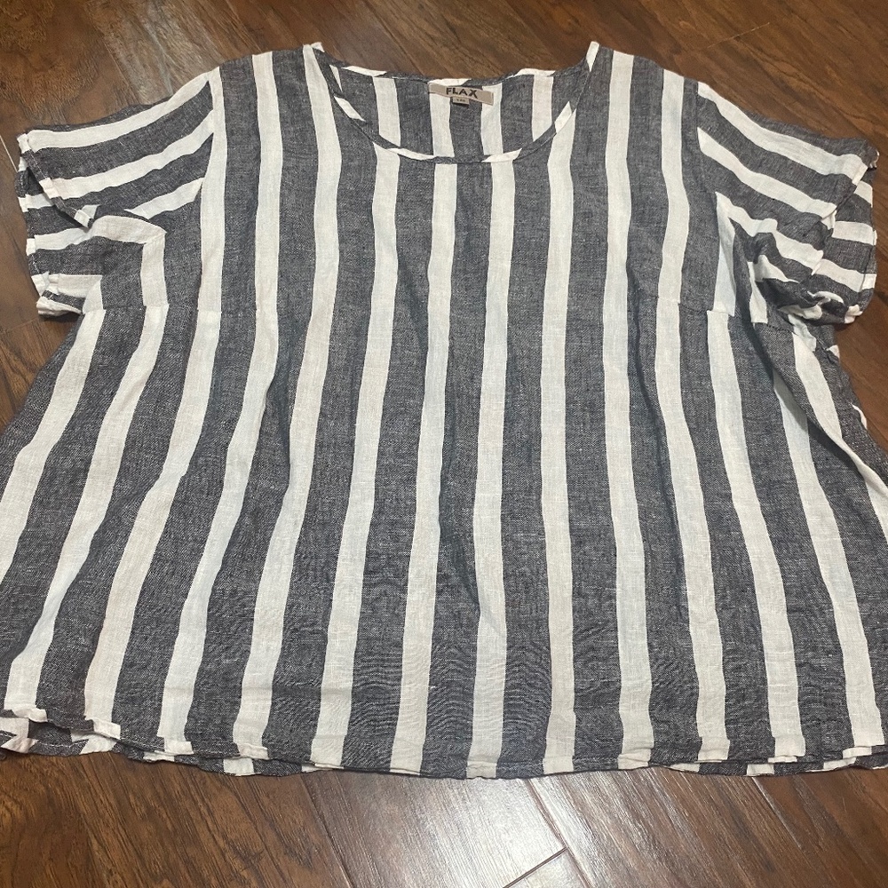 FLAX BLACK WHITE STRIPED BOXY LINEN TOP XXL